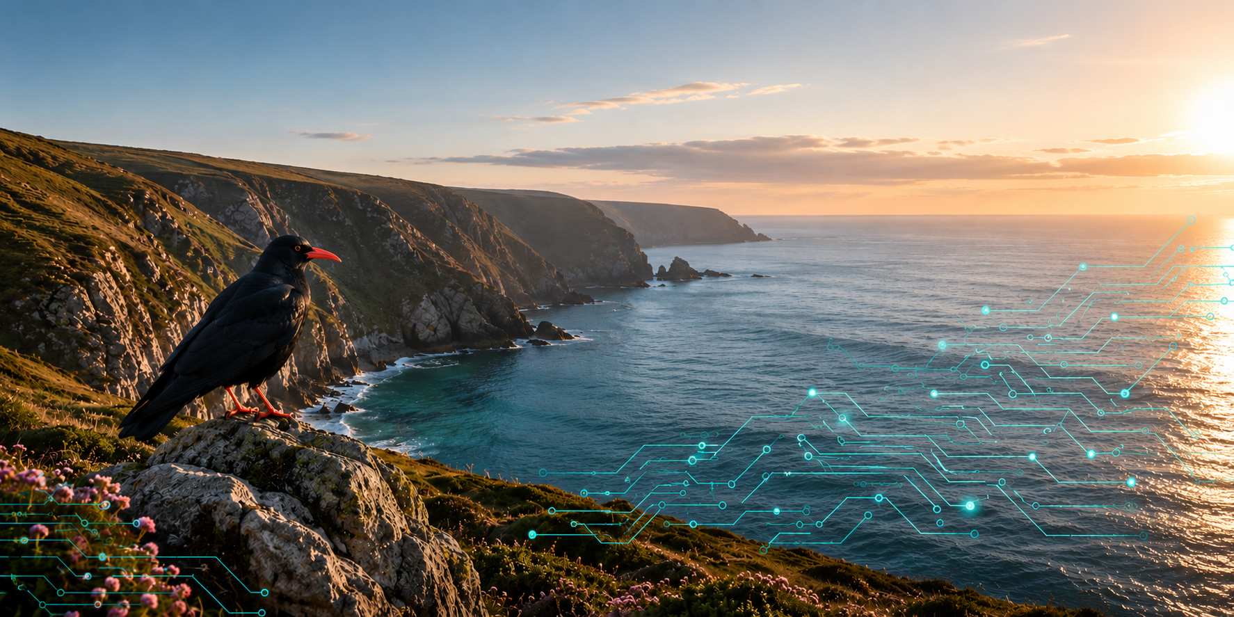 A Cornish chough on the cliffs above the Cornwall coastline, with a subtle circuit-line motif over the sea